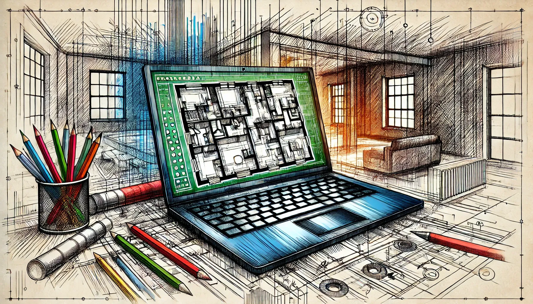 Laptop showing a floorplan being designed using CAD software