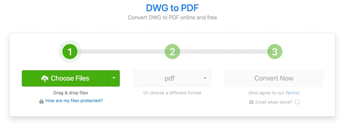 The Zamzar online conversion tool which can be used to convert DWG files to PDF