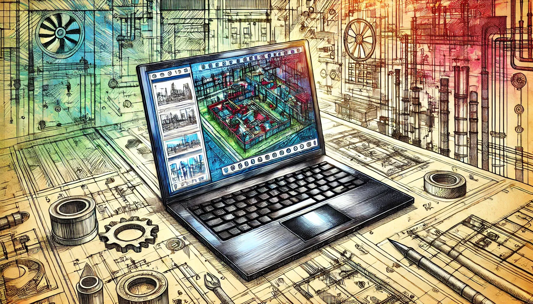 Laptop showing a 3D design set against an illustration showing technical drawings