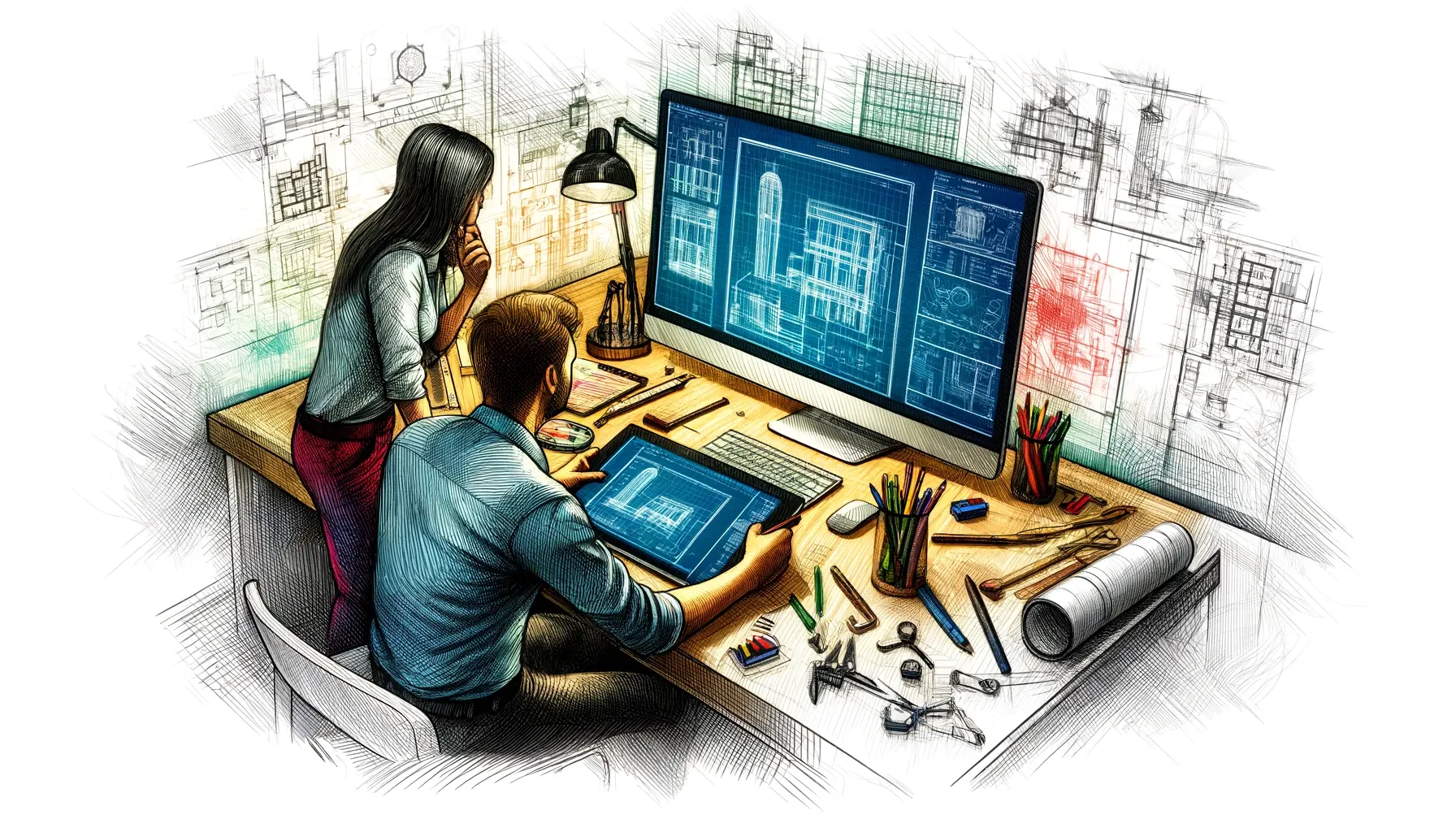 Two people at a desk collaborating on a design